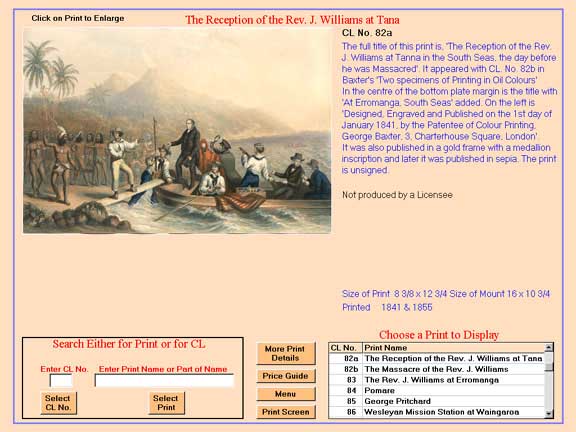A screenshot from the CD ROM showing details of the Baxter Print 'The Reception of the Reverand J. Williams at Tana'