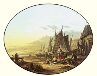 Oval print of "The Fisherman's Hut" by Abraham Le Blond